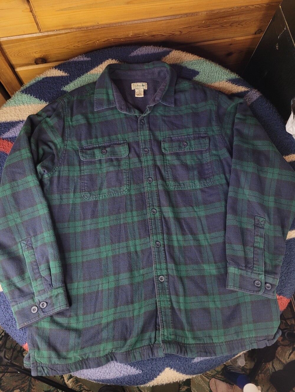 LL Bean Flannel Shirt Jacket Mens Large Green Blue Plaid Fleece Lined Button Up